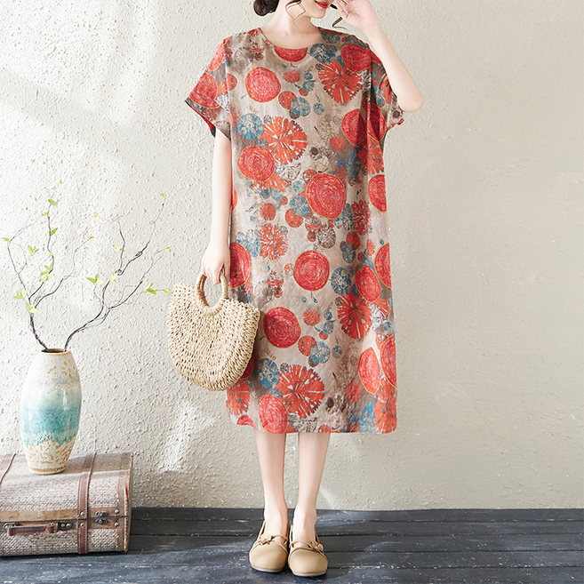 ZAJA 중년 여성 린넨 원피스 여름 플라워 루즈핏 홈웨어