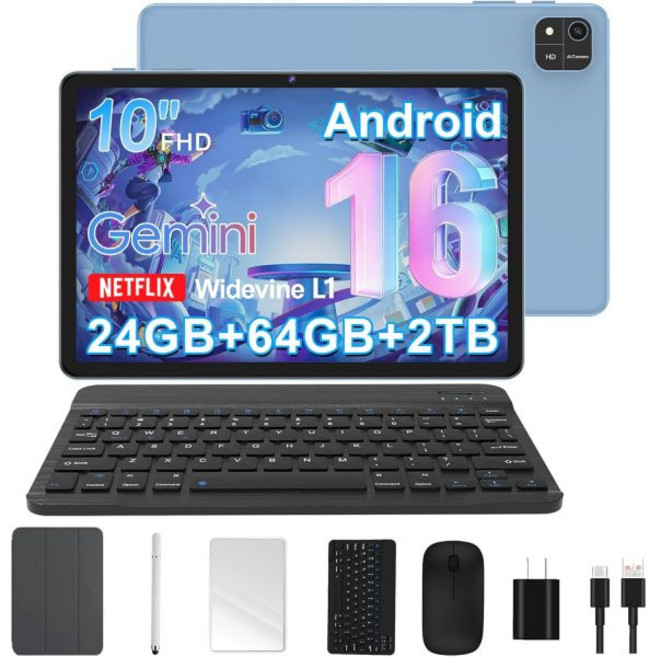 안드로이드 16 태블릿 10인치 옥타코어 프로세서 24GB RAM 64GB ROM (2TB 확장 가능) 제미니 AI 6000mAh 배터리 Wi-Fi GPS 듀얼, Blue