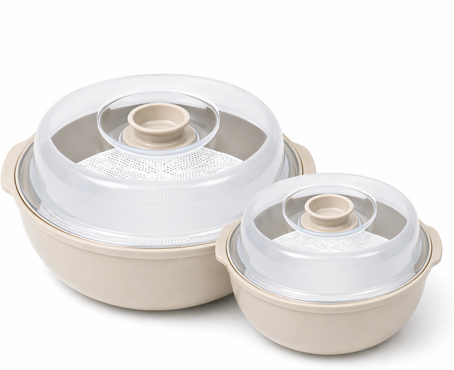 로벨스 국산 전자레인지 찜기 용기 만능 라면 계란찜, 1세트, 크림베이지(소형0.5L+중형1.2L)