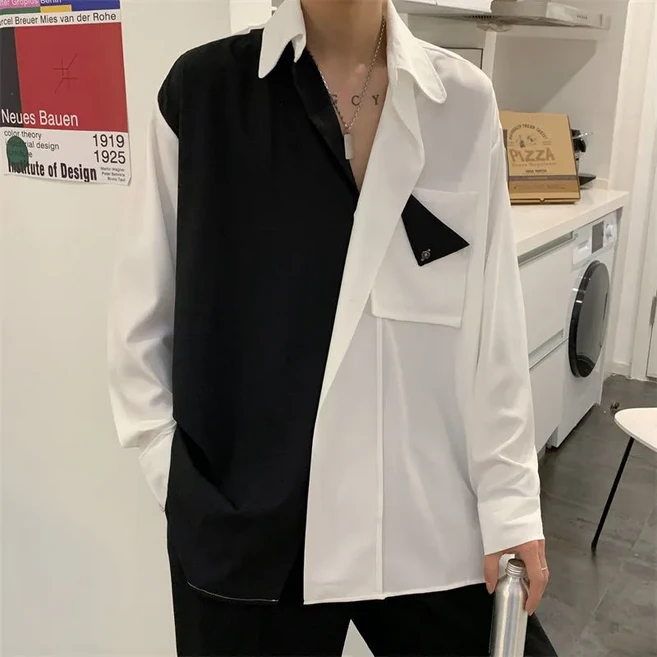 Skyciky 남성용 스트릿 스타일 컬러 블록 카고 셔츠 남자 긴팔 오버핏 셔츠 자켓 KK2994