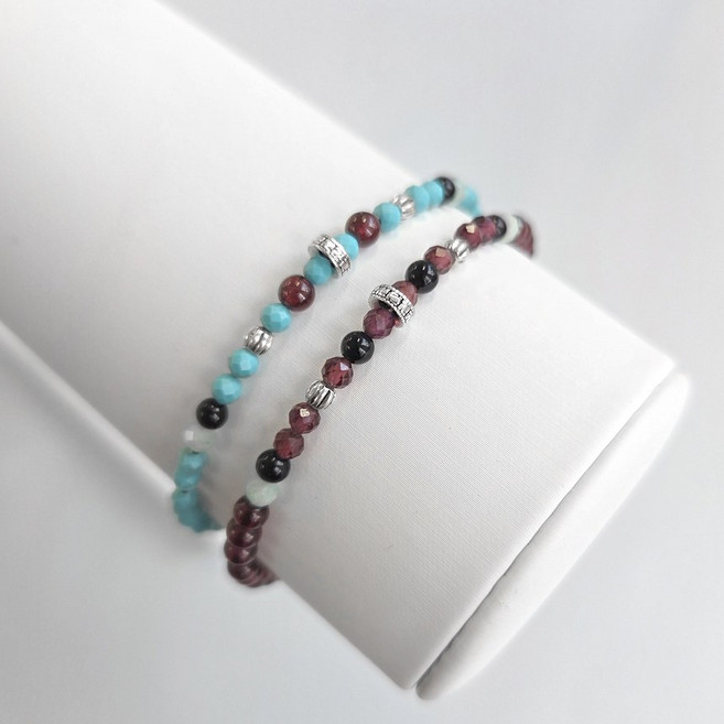 지홍 [925 실버 은]빈티지 만자 천연 원석 팔찌 터키석 가넷