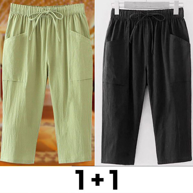 메인워크 1+1 중년 여성 빅사이즈 7부 바지 여름 엄마룩 냉장고 순면 루즈핏 데일리 쿨링 밴딩 스트레이트 캐주얼 팬츠 2매입