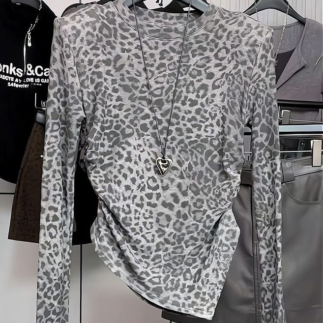 페이준 여성 봄 언발 라운드 슬림 호피 봄 긴팔 티 MR3025466