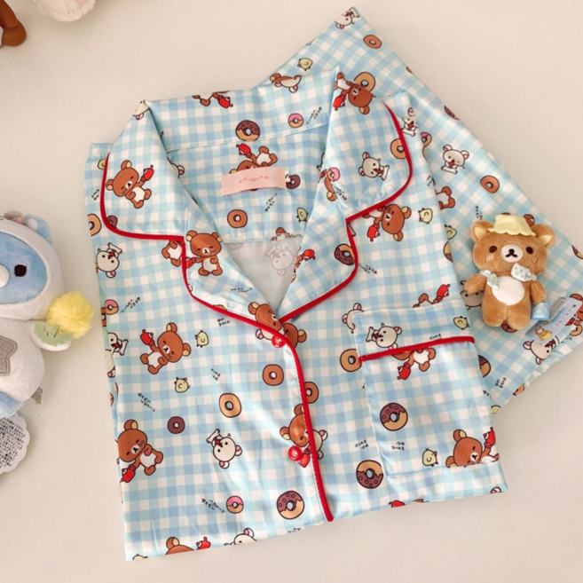 다이슝 리락쿠마 체크 파자마 세트 반팔 반바지 긴 바지 편한 홈웨어 외출착용 3종 세트