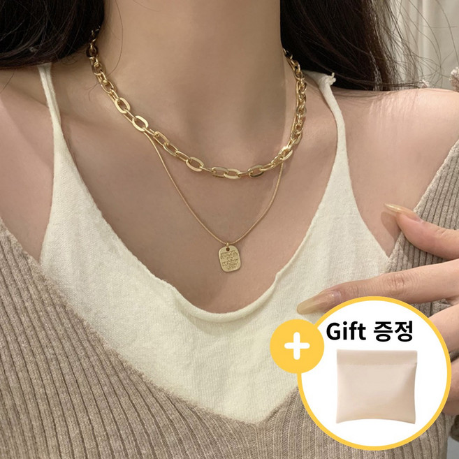 [speedmong] 여성 레이어드 심플 스퀘어 체인 패션 악세사리 미니멀 펜던트 레터링 초커 이중 목걸이 +사은품