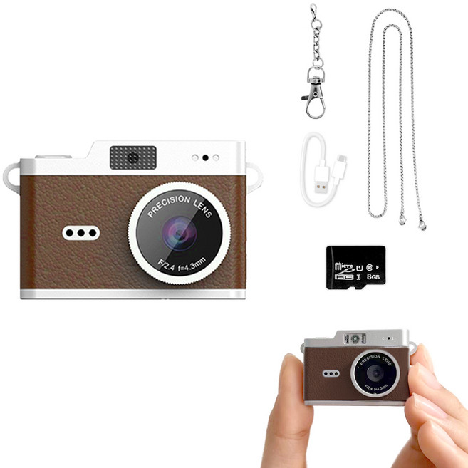 FDUCE 레트로 미니 디지털 감성 초소형 카메라 CCD1+ 8GB 메모리 카드, CCD1 다크 브라운, 1개