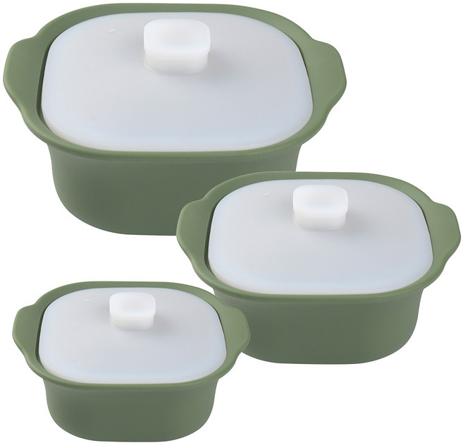 실리잇 국산 실리콘 사각 냄비 전자레인지 찜기 S+M+L 세트, 1개, 카키