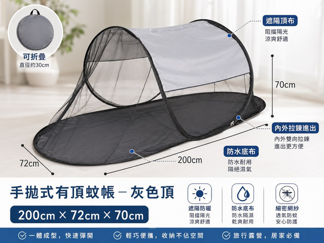 手拋式有頂蚊帳 200cm x 72cm x 70cm 灰色頂, 灰色-遮陽頂-船型-單人-全包+防水底, 1個