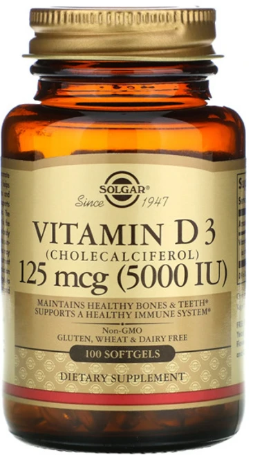 Solgar 솔가 비타민 D3 (콜레칼시페롤) 125 mcg (5000 IU) 100 소프트젤, 100정, 1개 - 쿠팡