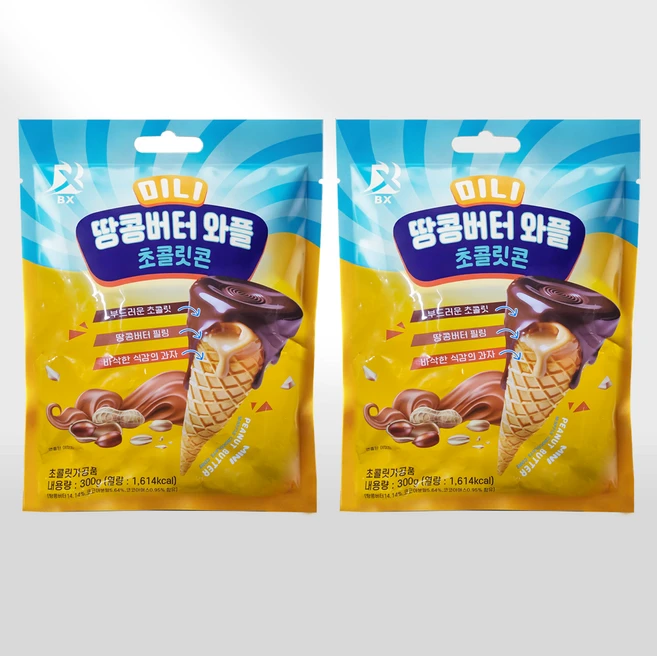 땅콩버터 와플 초콜릿콘 미니 300g, 2개 - 쿠팡