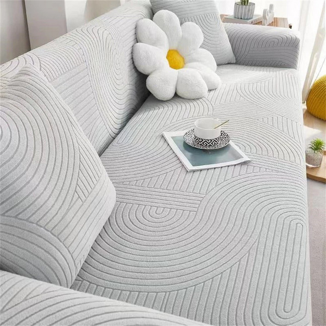 幾何線條緹花沙發套 彈性透氣布藝沙發罩, 瑞士卷【淺灰色】, 1件