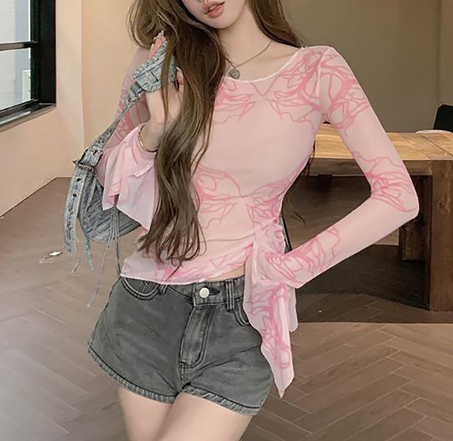 cammello 핑크 시스루 티셔츠 슬림핏 러플 긴팔티