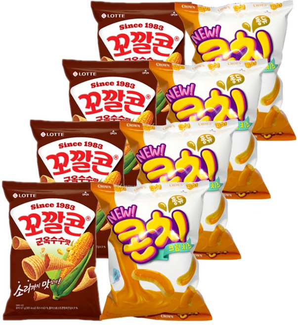롯데 크라운 스낵모음 꼬깔콘 군옥수수 67gx4P+콘초 66gx4P (총8P), 1세트, 532g