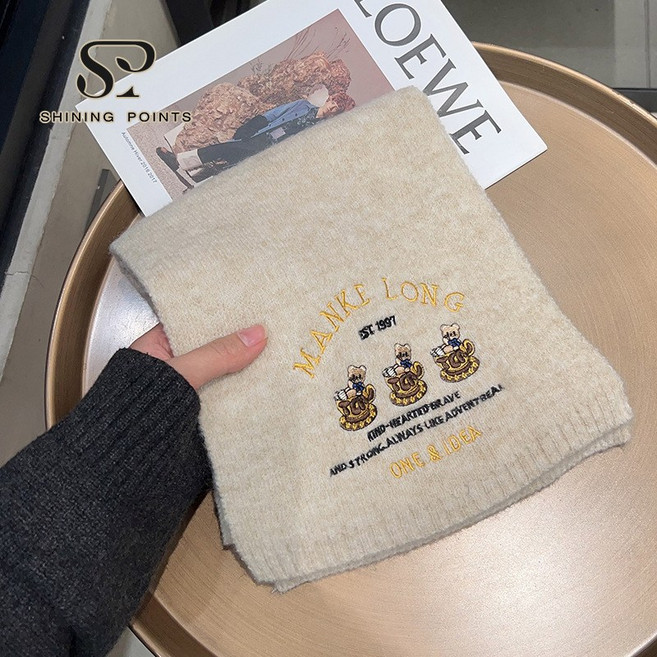 크레스티 여성 소프트 캐시미어 목도리 곰돌이 니트 머플러