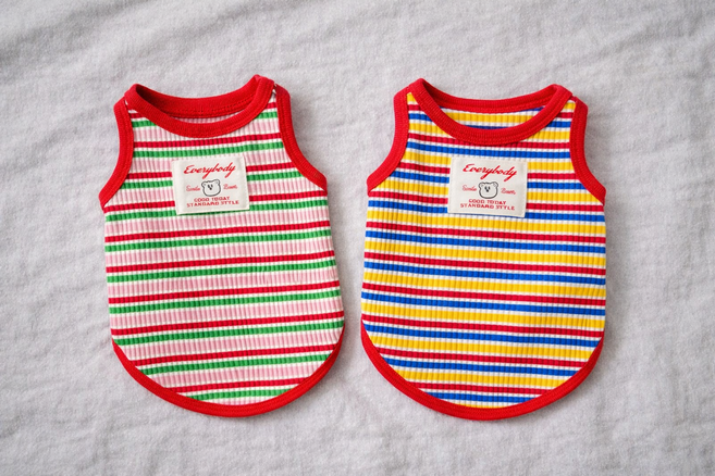 노바하우스 강아지 나시 줄무늬 곰돌이 여름, 1개, 베어 스트라이프 나시 핑크&그린