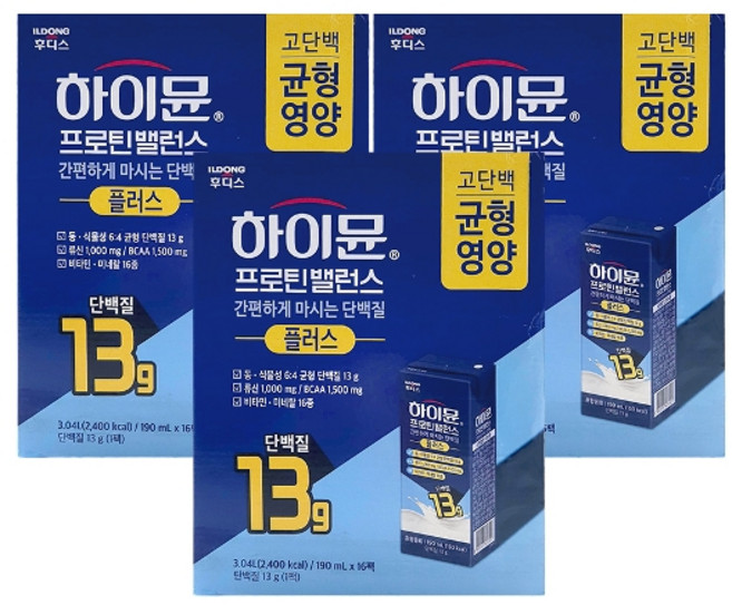기타 일동후디스 하이뮨 프로틴 밸런스 플러스 190ml x 16팩 3박스, 48개