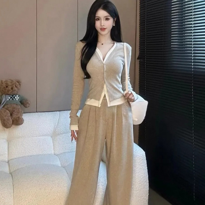 COSYEVNO 여성 세트 가을 브이넥 패션 가짜 투피스 슬림 톱+하이웨이스트 와이드 팬츠 lyjnstz-02