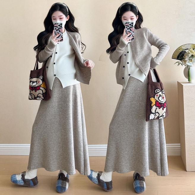 임산부 투피스 치마 세트 봄 가을 모직 세트 스커트 우아한 빈티지 스타일 따뜻한 아웃핏 JS