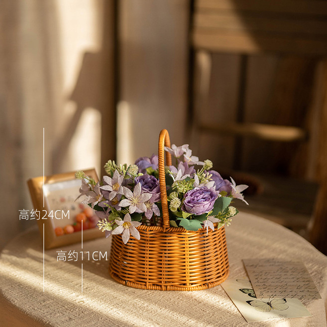 手工草編花籃 田園風客廳裝飾擺件插花籃, 1件, 紫色韓式卷芯玫1束和24CM棕色手提花籃:1