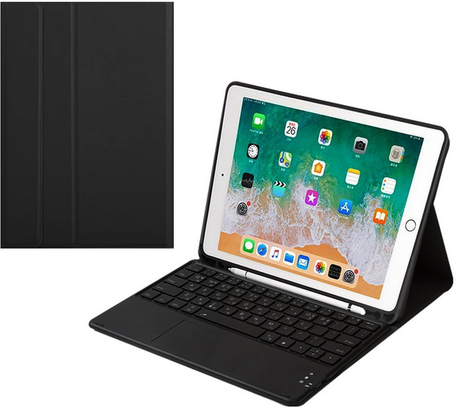 CSHINE 아이패드 애플펜슬 수납 led터치패드 트랙패드 블루투스 키보드 케이스, 검정