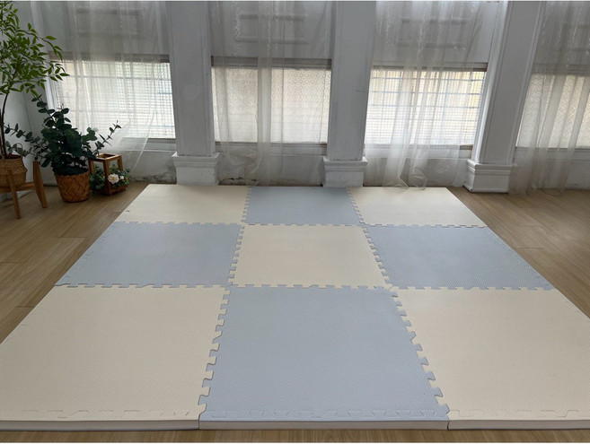 方格子地墊 台灣製 60x60x3cm 9入 柔霧美學系列 北歐莫蘭迪色 EVA巧拼 加厚遊戲墊, 霧藍x奶白9入
