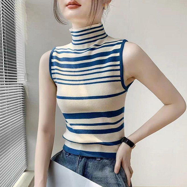 패션 여성 민소매 나시 도톰 이너웨어 상의 슬림핏 민소매 나시티 가을 겨울 여성 스트라이프 목폴라 니트 나시 티셔츠 WXY