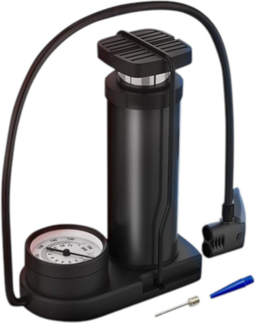 腳踏式打氣筒【贈球針氣嘴&塑膠氣嘴】高壓打氣筒 輕量胎壓檢測 自行車/腳踏車打氣機, 黑色, 1個