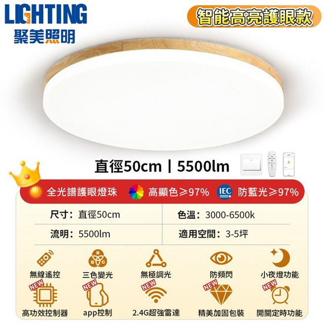 聚美照明 智能全光譜護眼吸頂燈 直徑50cm 5500lm, 白色