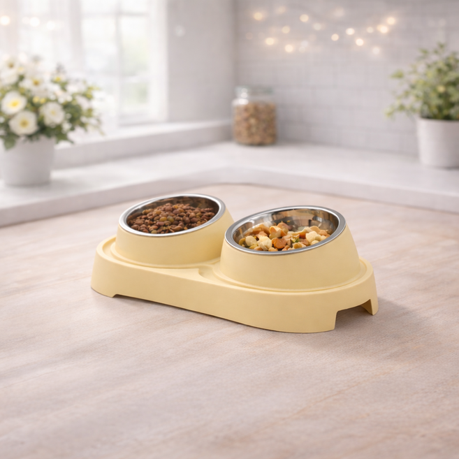홈메이드 강아지밥그릇 고양이 밥그릇 물그릇 각도 도자기 세라믹 애견 식기 2구-스테인레스, 1개, 엘로우