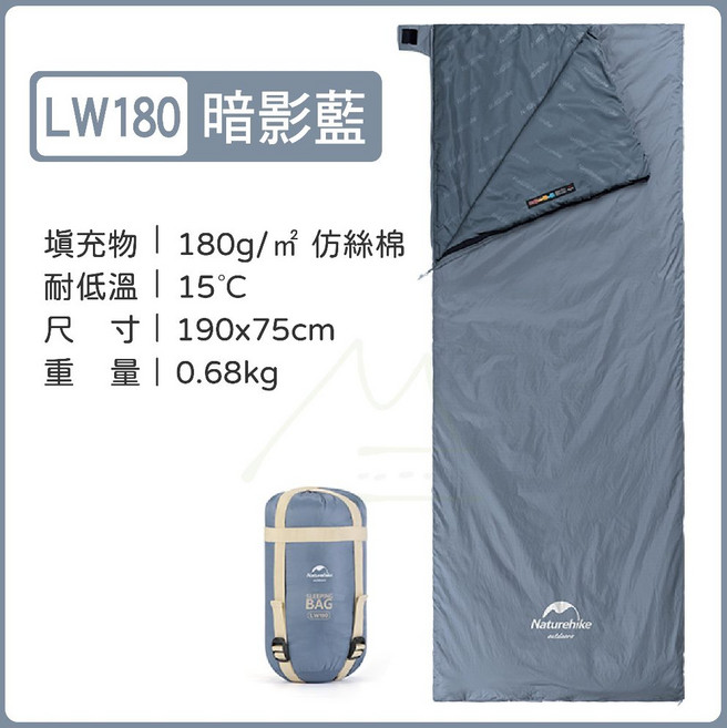 Naturehike挪客 NH 迷你信封睡袋 680克 露營 登山 野營戶外輕巧旅行 送枕頭, LW180-暗影藍加贈充氣枕, 1個
