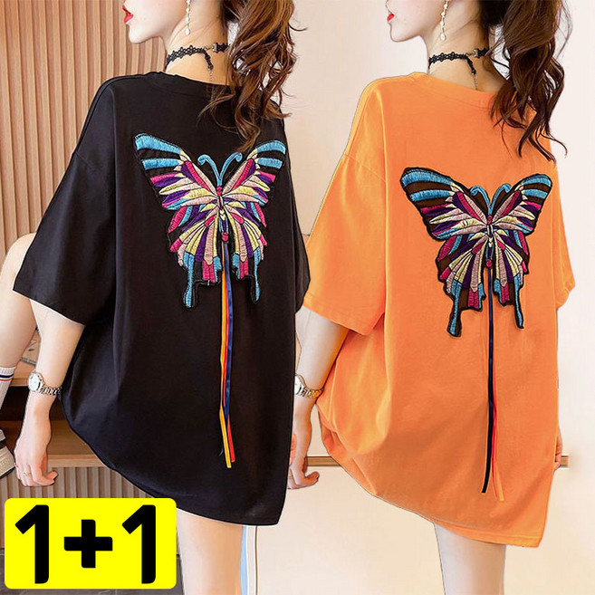 JUSTFEELING 1+1 나비 반팔티 자수 여름용 빅사이즈 학생티 박시핏 데일리 기본티 롱티 반팔 티셔츠