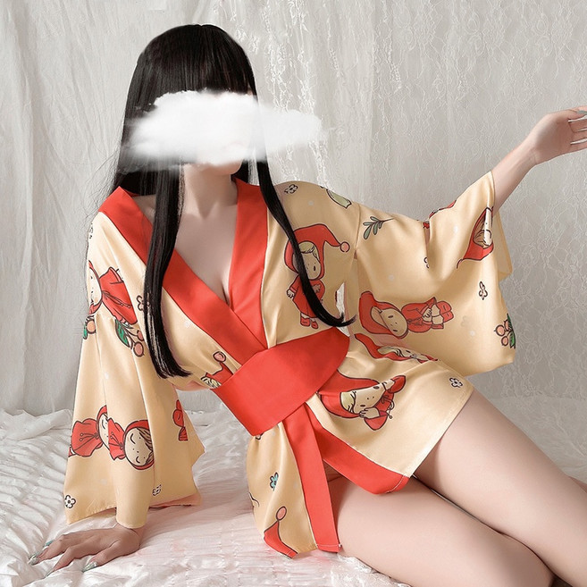 童趣印花和服 深V情趣睡衣 貓咪小紅帽圖案