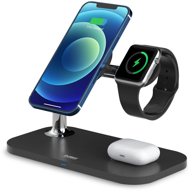 맥세이프 3in1 고속무선충전 거치대 워치 에어팟 3대 동시 고속충전 맥세이프링 스티커 증정 BWC-85, 블랙, 1개