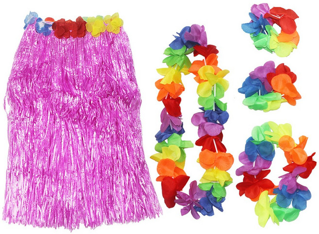 파티로 꽃세트 포함 하와이안 훌라 치마 세트 스커트 꽃레이, 1개, 무지개꽃세트+60cm훌라치마(핑크)