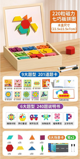 220顆粒 兒童益智拼圖玩具 蒙氏早教 腦力開發教具, 加大號磁性七巧板, 1個