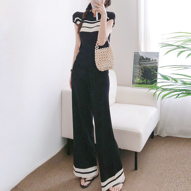 요시아나 [당일발송] 루페르네 슬림핏 배색 라인 캡소매 골지 니트 탑 니트 롱팬츠 투피스 세트 2컬러