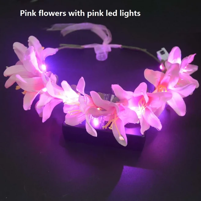 여성 소녀 LED 깜박이는 빛 머리띠 파티 해변 꽃 화환 왕관 생일 선물 크리스마스 navidad, 06 pink