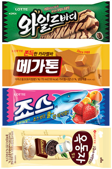 [롯데제과] 바 스테디셀러 4봉(옥동자/죠스바/메가톤바/와일드바디) 40개 SET, 4개, 70ml