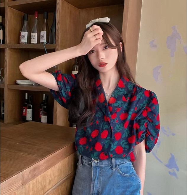 애니파니 복고 스타일 레트로 어깨 퍼프 로즈 블라우스