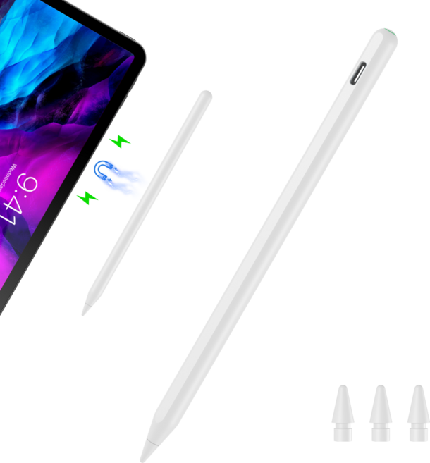 JAMJAKE 아이패드 호환 스타일러스 펜슬 스마트 터치펜 초미세 펜촉 2가지 충전 방식 자석 충전 + USB-C 충전 P10, 1개, 화이트