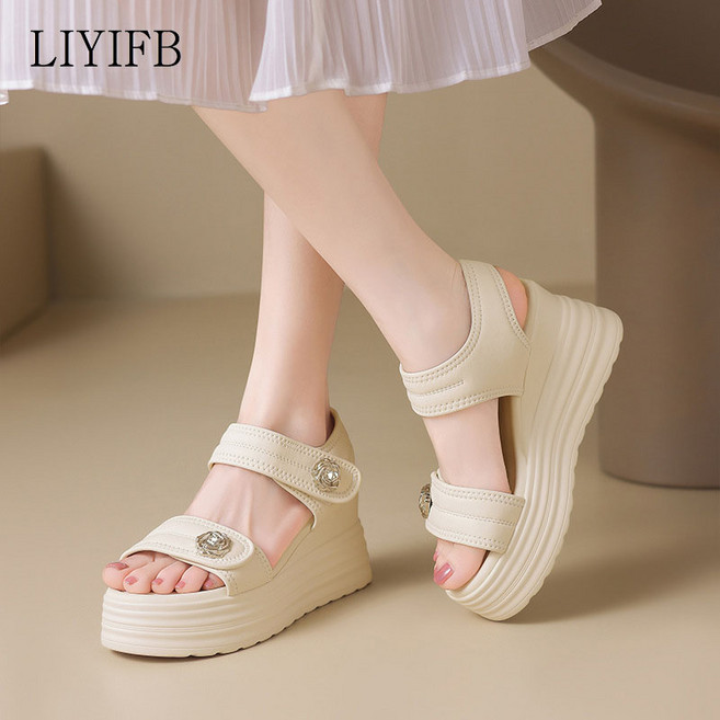 LIYIFB 벨크로 여성 웨지힐 샌들 7cm 발편한 키높이 통굽 샌들