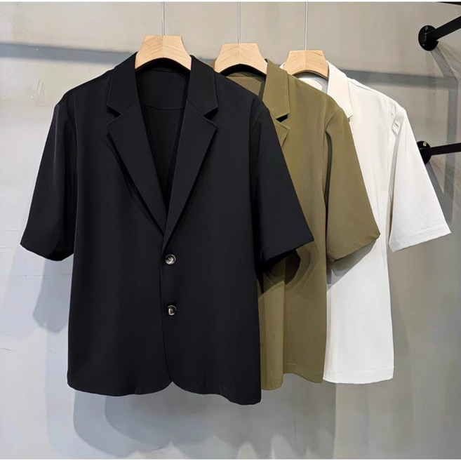 남성 여름 반팔 투버튼 자켓 루즈핏 미니멀 데일리 자켓 가벼운 하절기 오피스룩 이지웨어 아우터