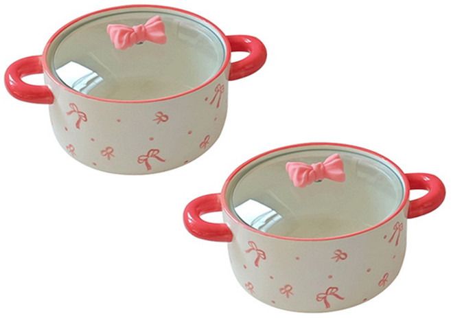 Tiger Pavilion 프렌치 리본 세라믹 양수 냄비, 2개, 화이트 + 핑크, 20.5cm