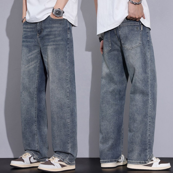 wassup 남자 청바지 빈티지 워싱 봄여름용 일자핏 캐주얼 데님팬츠