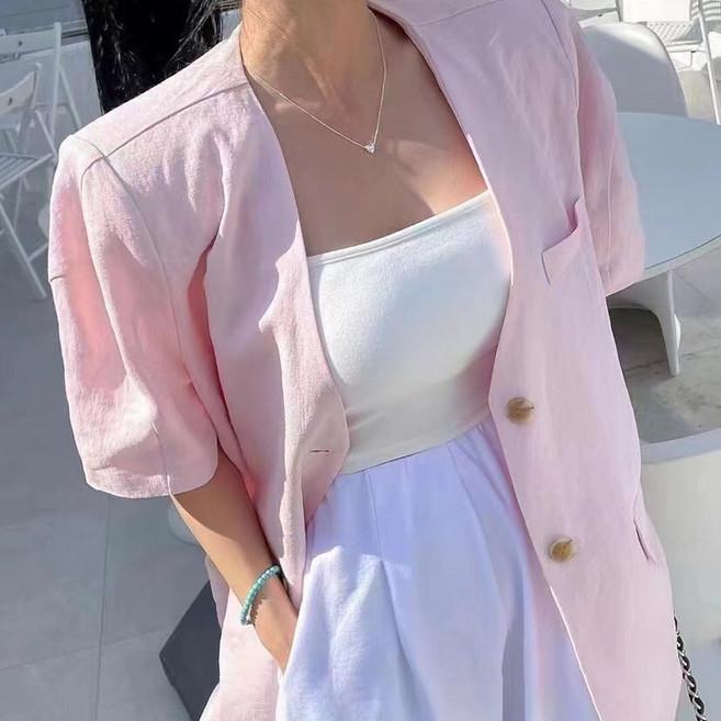 린넨 노카라 어깨패드 오버핏 박시 브이넥 반팔자켓