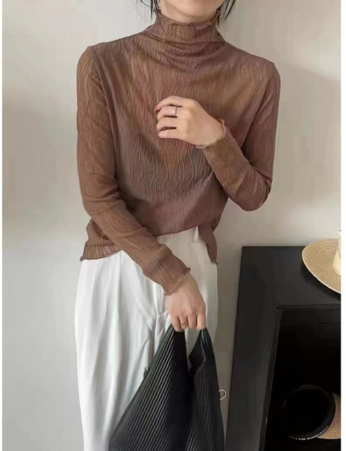 레이스 시스루 레이어드 목폴라 긴팔 블라우스