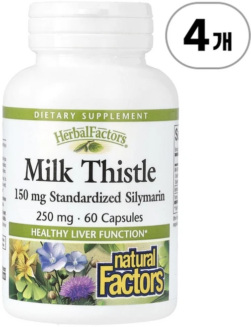 내추럴 팩터스 헤르발 팩터스 밀크씨슬 250mg Natural Factors Herbal Factors Milk Thistle 250 mg 60정, 4개 - 쿠팡