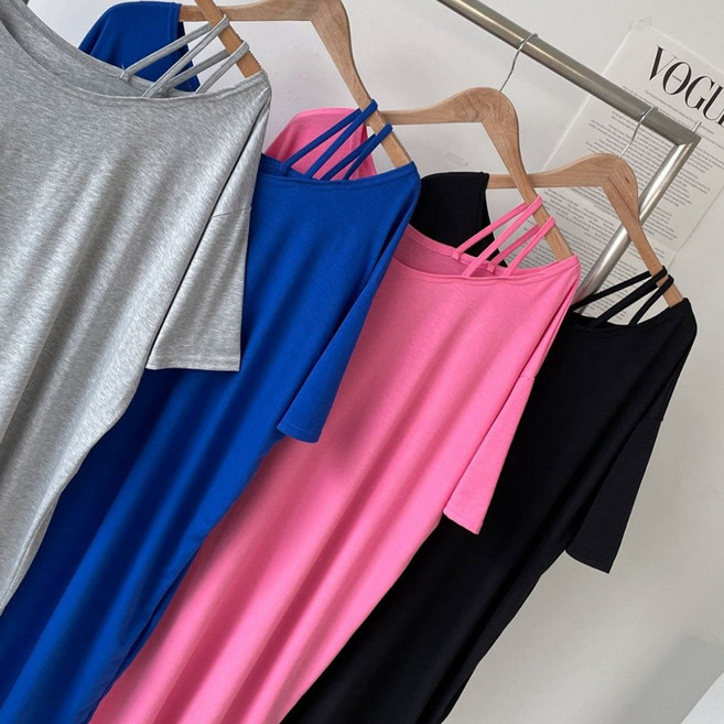 빅걸스토리 빅사이즈 오프숄더 어깨끈 반팔 롱 원피스