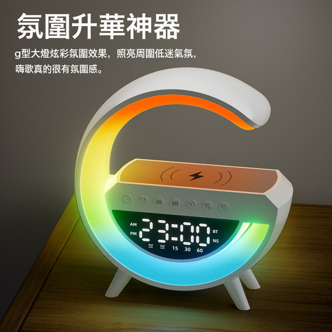 蓝牙音响创意小夜灯炫彩带闹钟智能桌面多功能无线充音箱, 無線充電+藍牙音箱, 3401mini