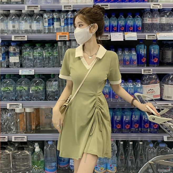 큰 사이즈 녹색 폴로 칼라 원피스 여름 여성 허리 조절 티셔츠 드레스